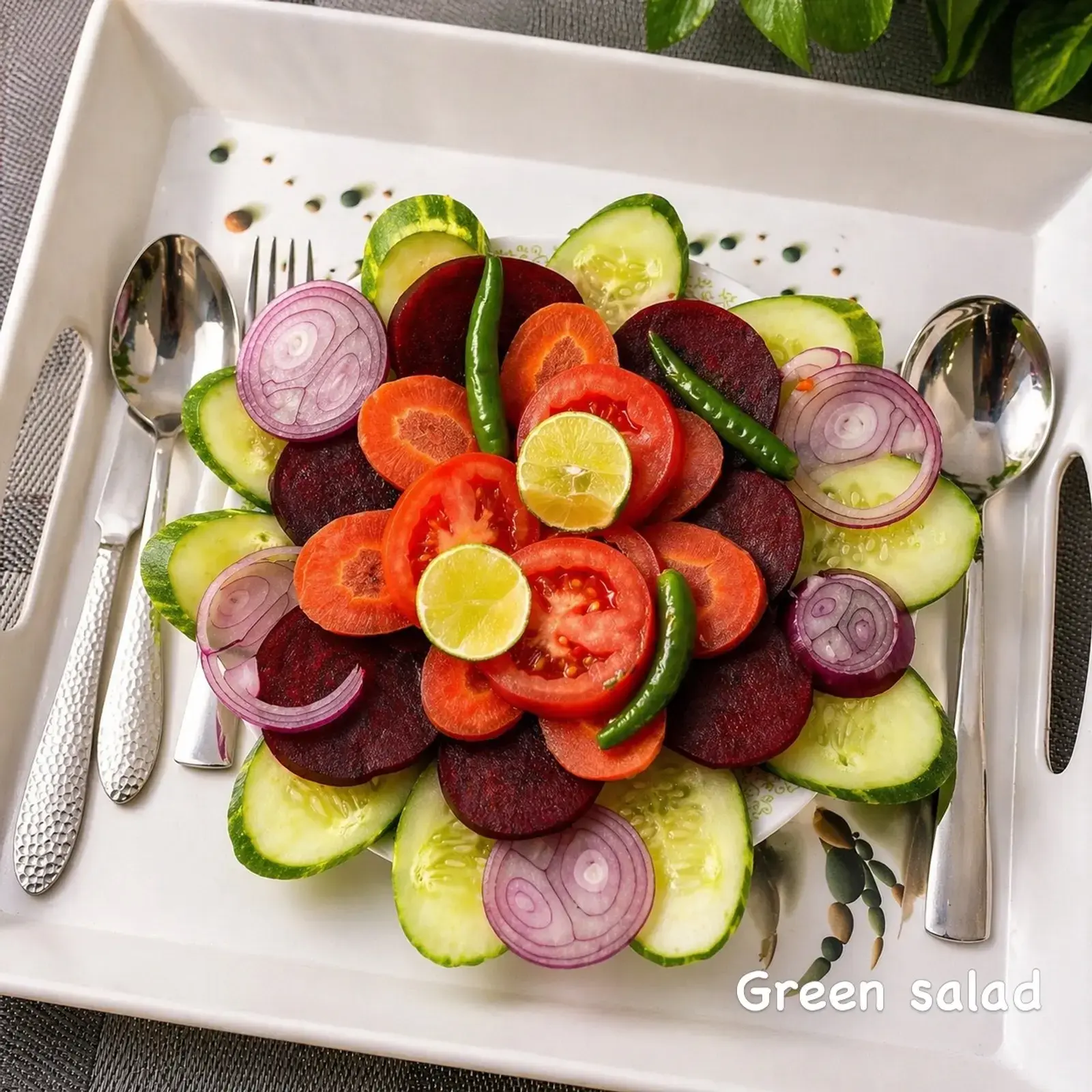 Fresh green salad with cucumber, tomato, and beetroot