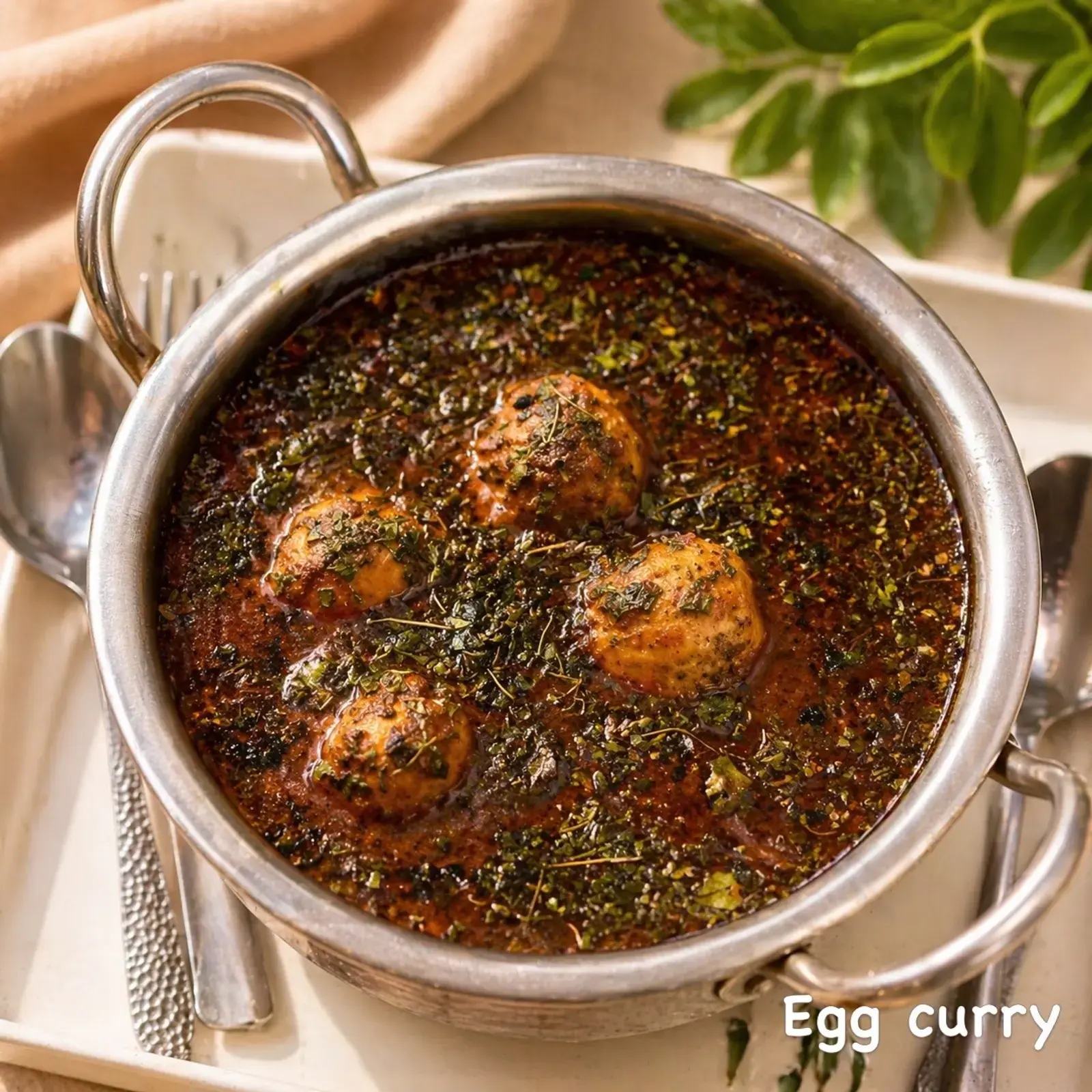 Egg curry served in a metal bowl