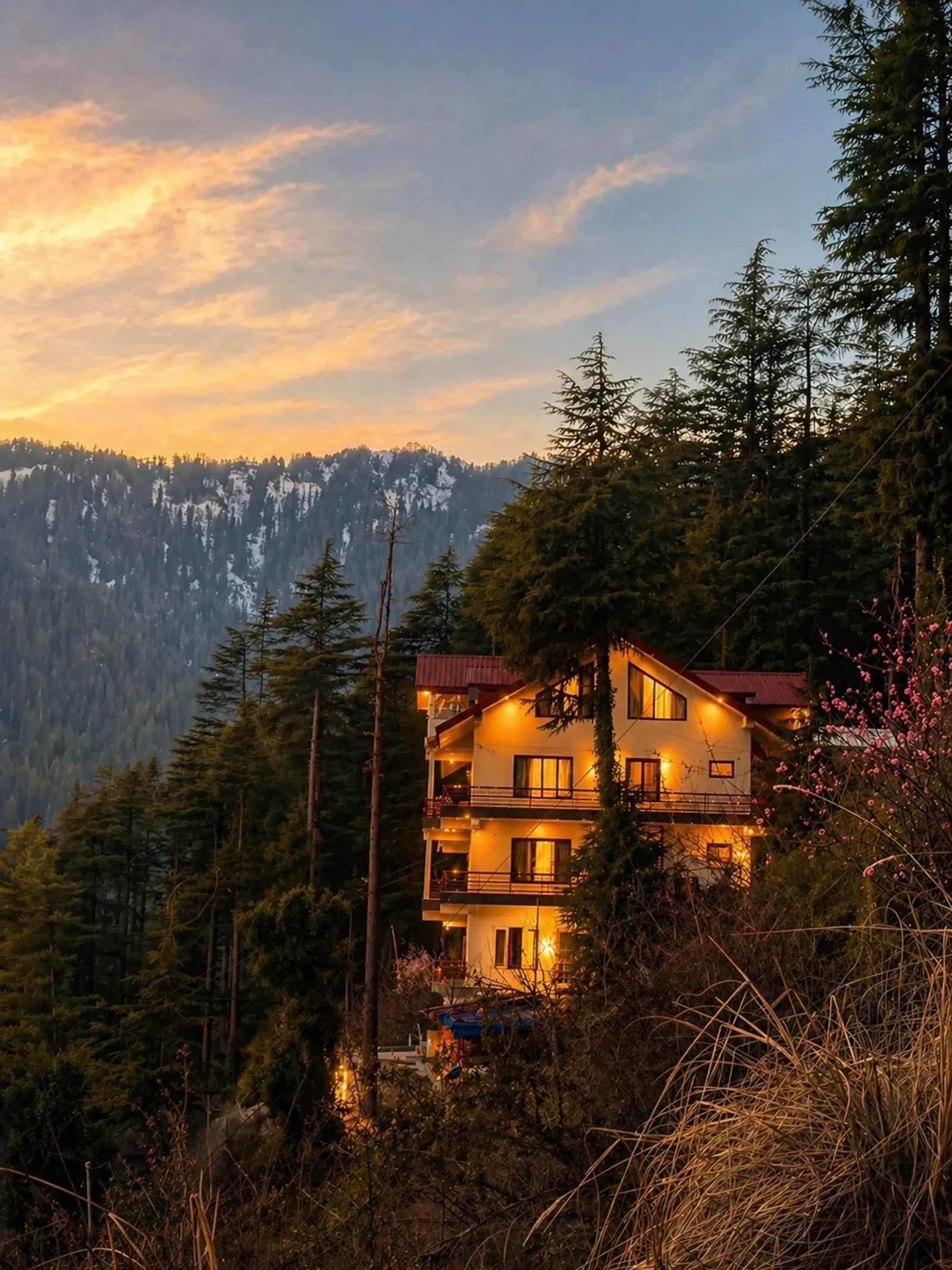 Noon Villa exterior view at sunset
