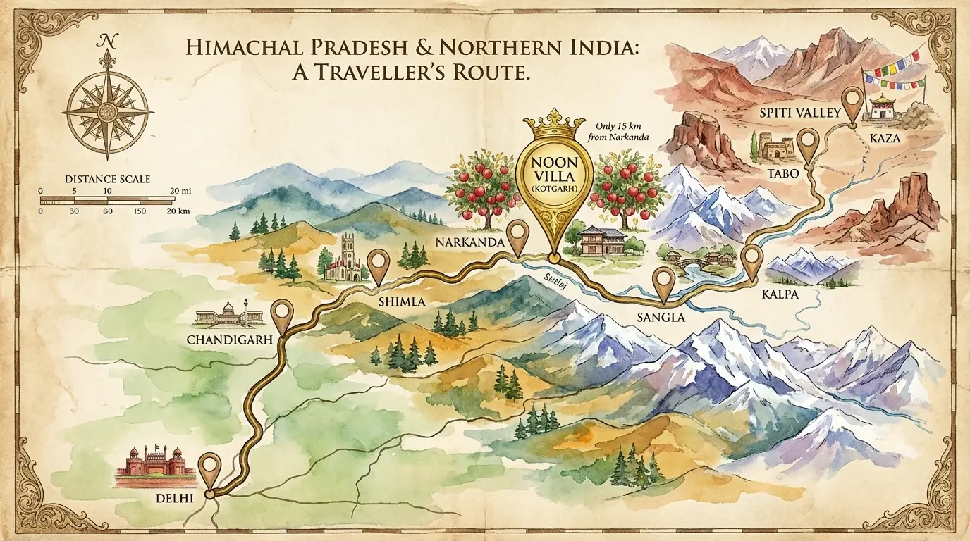 Artistic top-view Himalayan route map starting from Delhi, through Chandigarh and Shimla, highlighting Noon Villa in Kotgarh near Narkanda, and leading towards Sangla, Kalpa, Tabo, and Kaza in Spiti Valley.